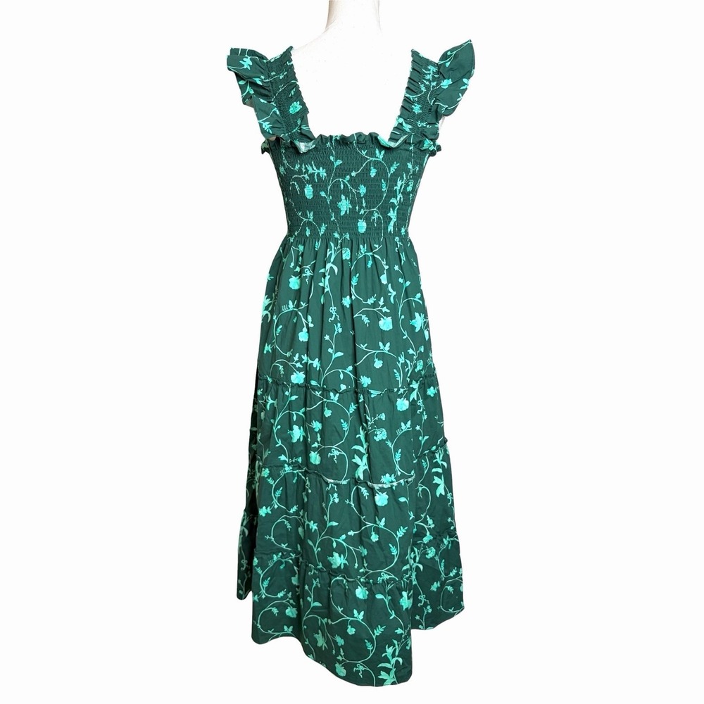Hill House Home Nap Dress M Green Botanical Smocked Preppy Resort Cotton Midi - Picture 4 of 7